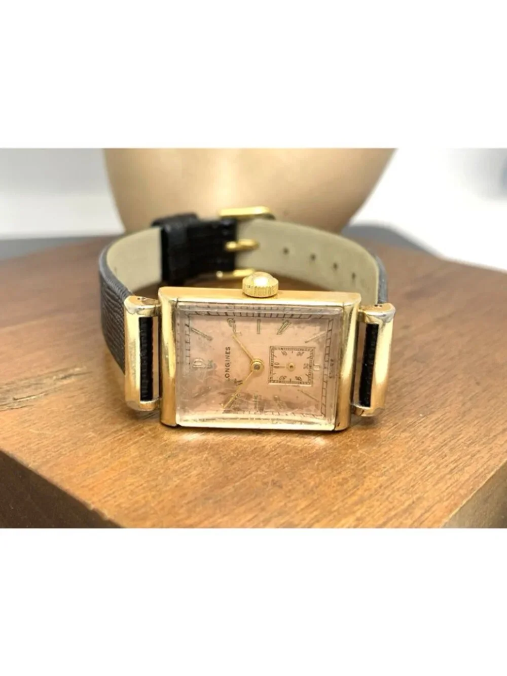 Longines Watch 1930s Vintage Swiss Mechanical Rose Dial Black Leather Strap Tank